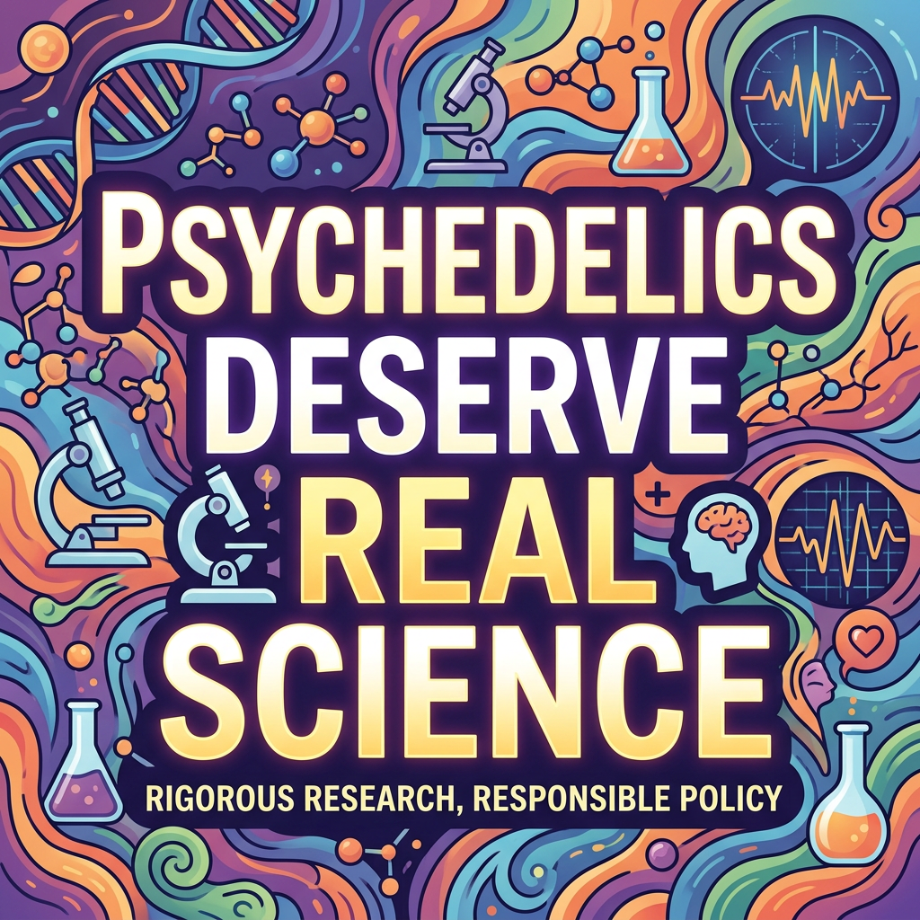 Text advocating rigorous research and responsible policy on psychedelics surrounded by scientific icons and colorful patterns