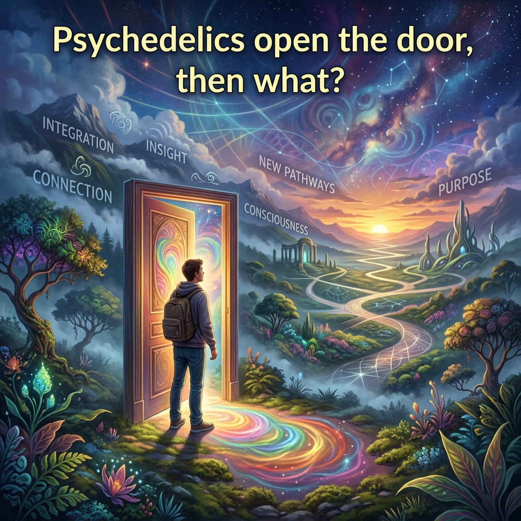 Person looking through a door with colorful light, pathways, and words like insight, consciousness, purpose